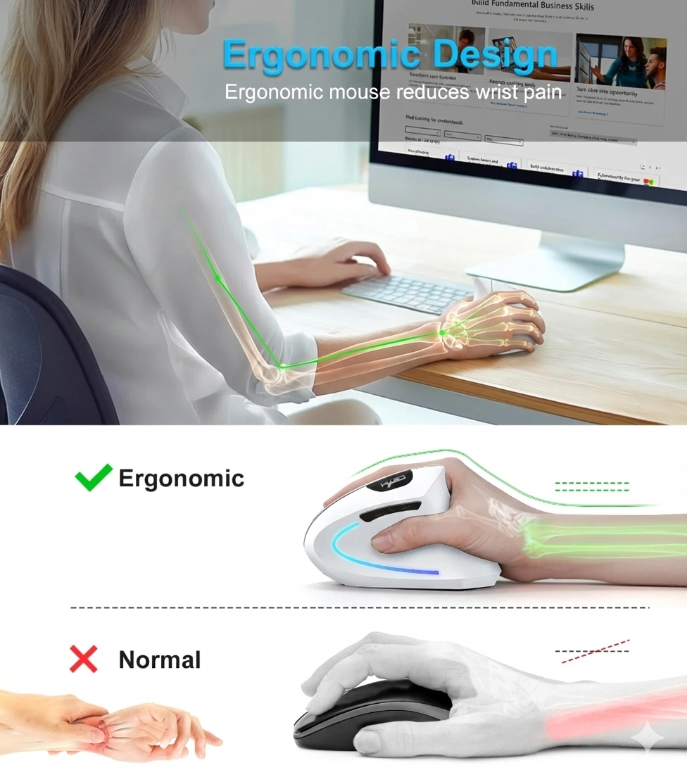 🖱️ Ergonomic Vertical Mouse | Rechargeable Dual-Mode Comfort
